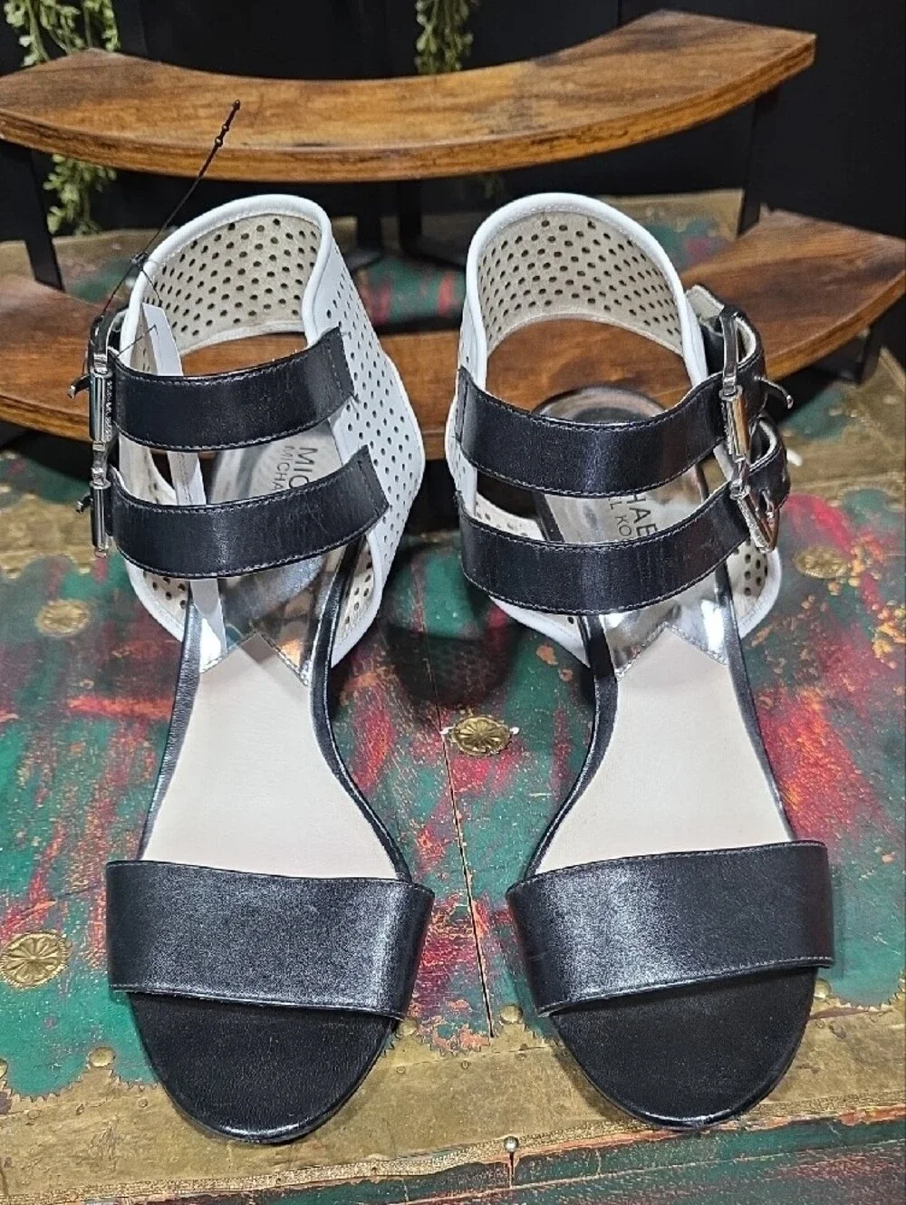 Michael Kors Leather Black and White Perforated Strap Heels